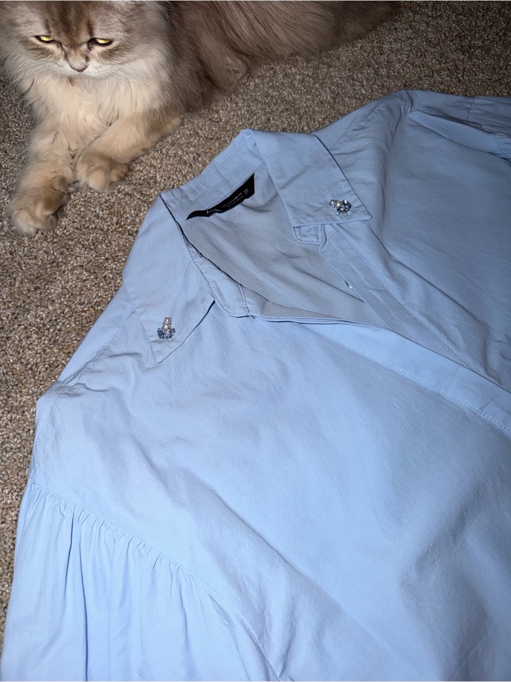 Zara Light Blue Casual Button-Down Shirt with Embellished Collar